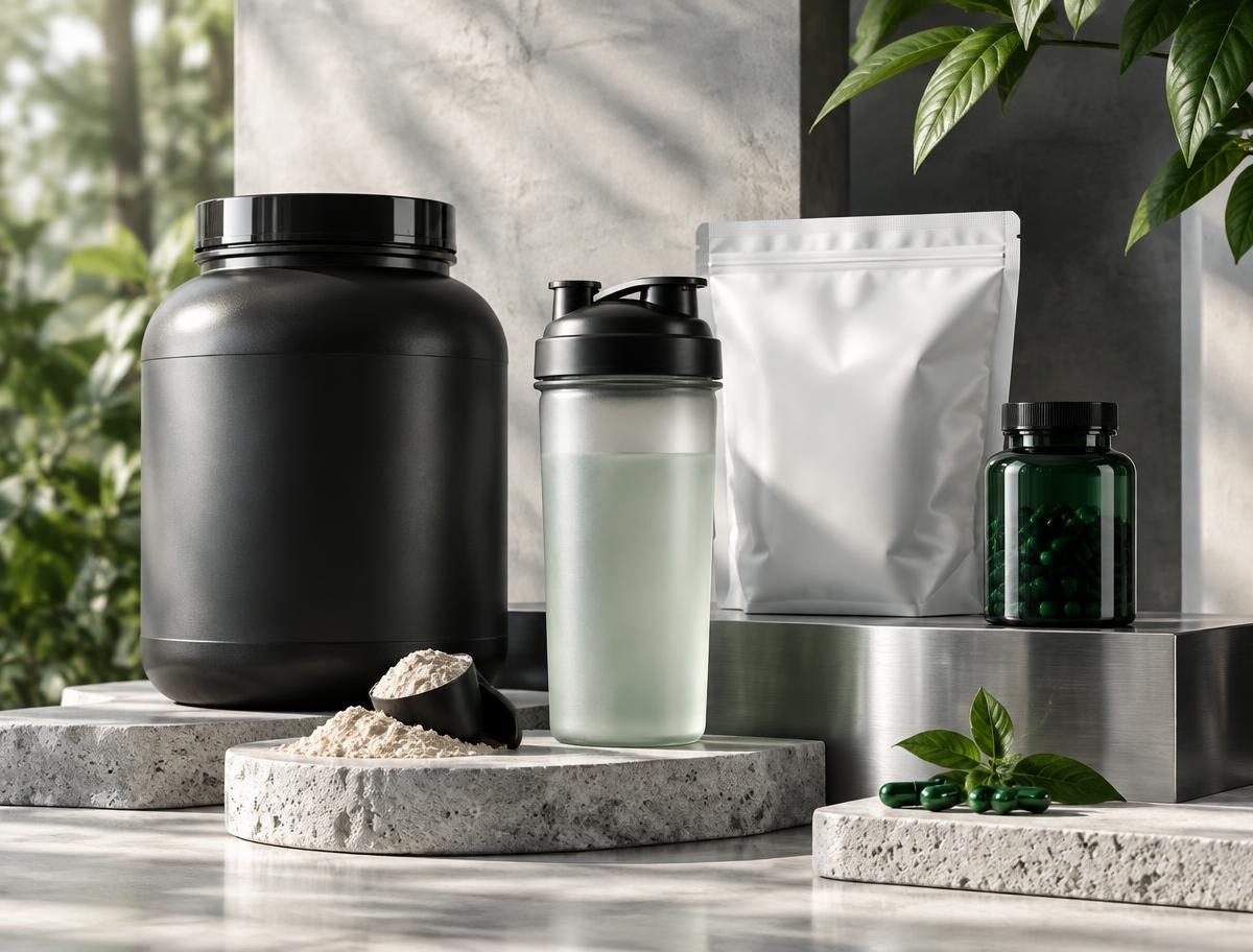 An assortment of anonymous nutrition packs and a shaker arranged on stone plinths